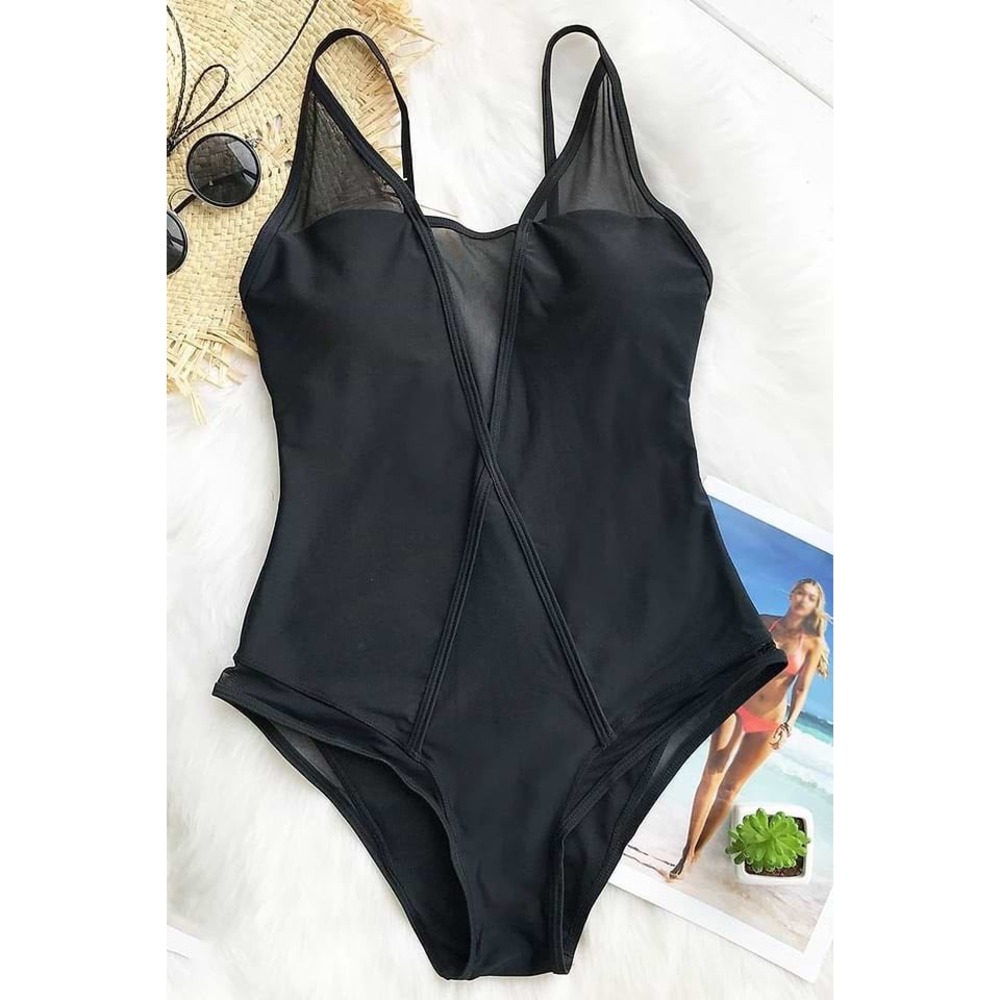 CUPSHE Black Mesh Panel One-Piece Swimsuit  Chic Sheer Detail Size M - Picture 3 of 13
